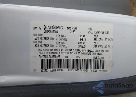 2006 Chrysler Town & Country Touring z USA, uszkodzony, nr VIN 2A4GP54L36R806029